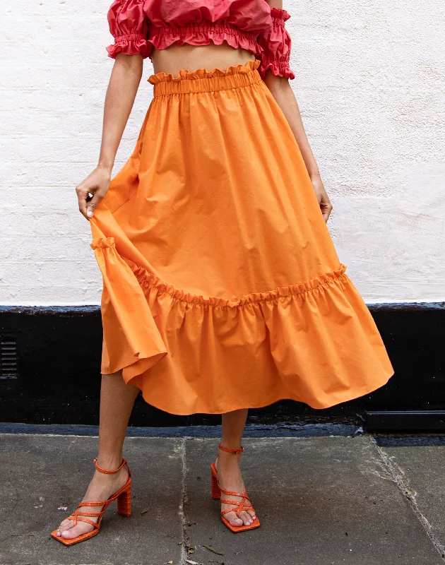 Frill Cotton Midi Skirt in Apricot Orange | Pippi