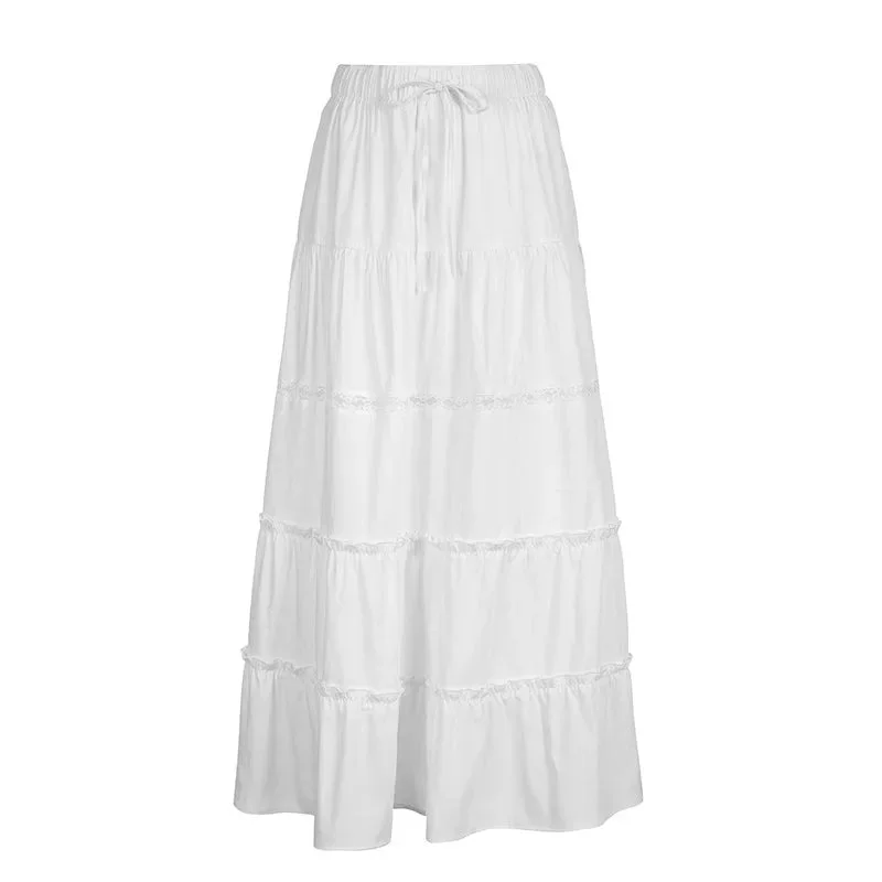 Side Slits Long Loose High Cake Casual Folds Lace Maxi Skirt