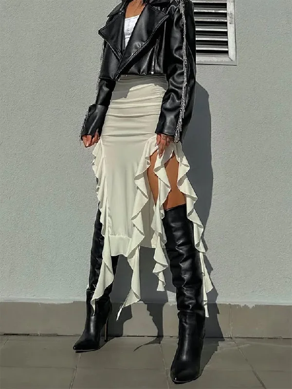 High Waist Long Casual Hollow Out Tassel Side Slit Skirt