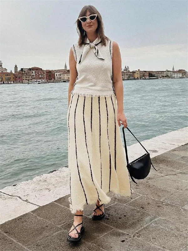 Striped Knitted Long Summer Tassel High Autumn Street Elegant Skirt