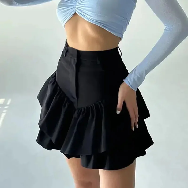 Ruffles Black Temperament High Waist Street Casual Folds Splice Skirt