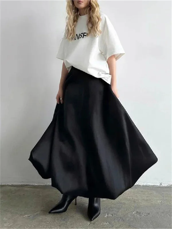 Silk Satin White Long Ruffled Pleated Elegant A-Line Skirt