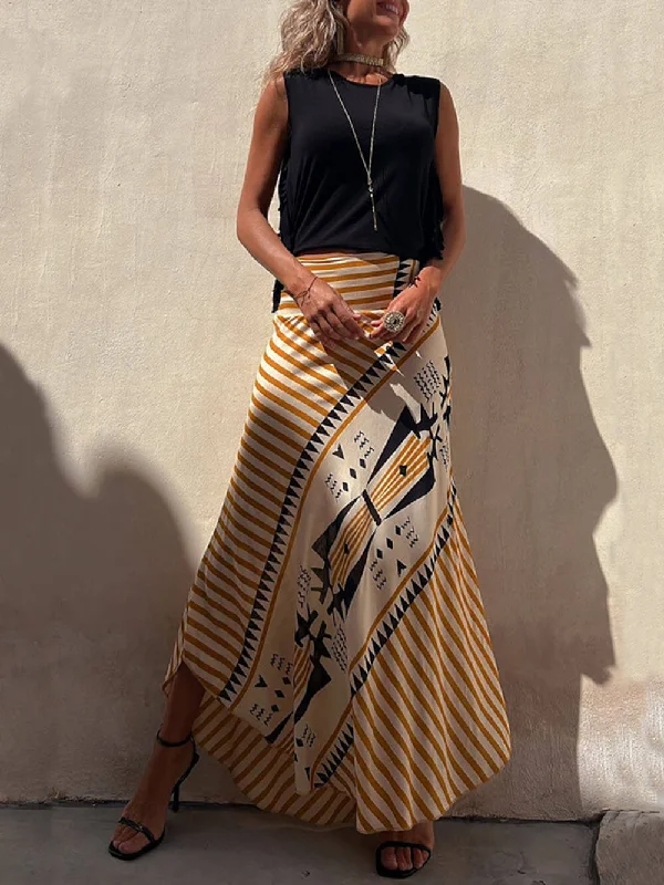 MegaBetty - Geometric Print Elastic Waist Maxi Skirt