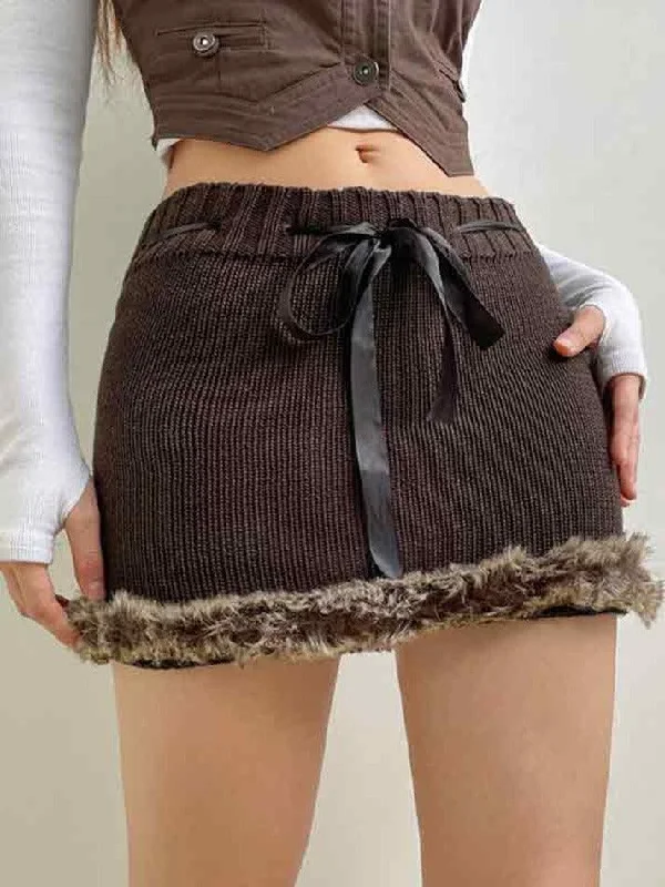 MegaBetty - Plush Hem Ribbon Lace Up Mini Skirt