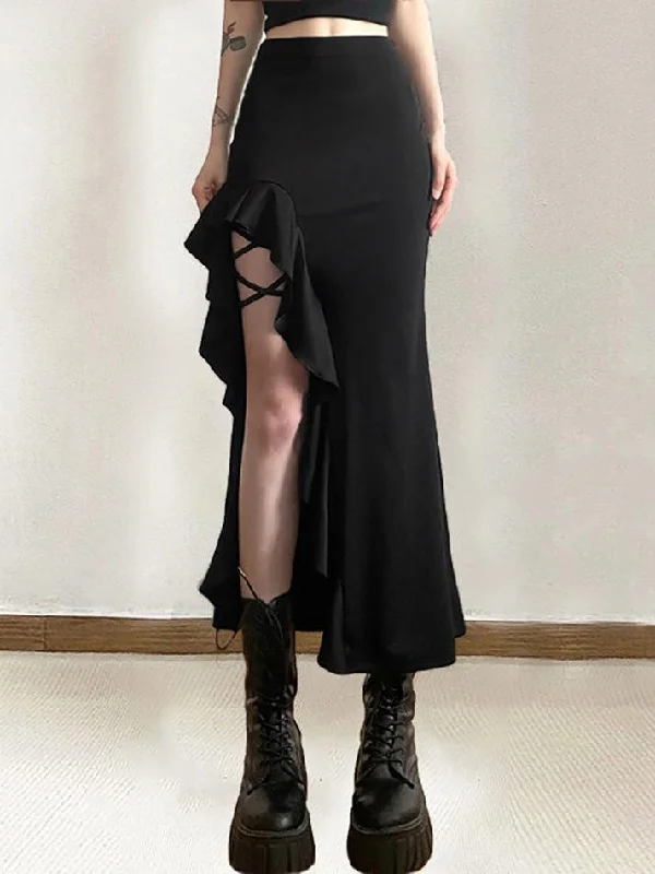 MegaBetty - High Waist Irregular Split Goth Skirt