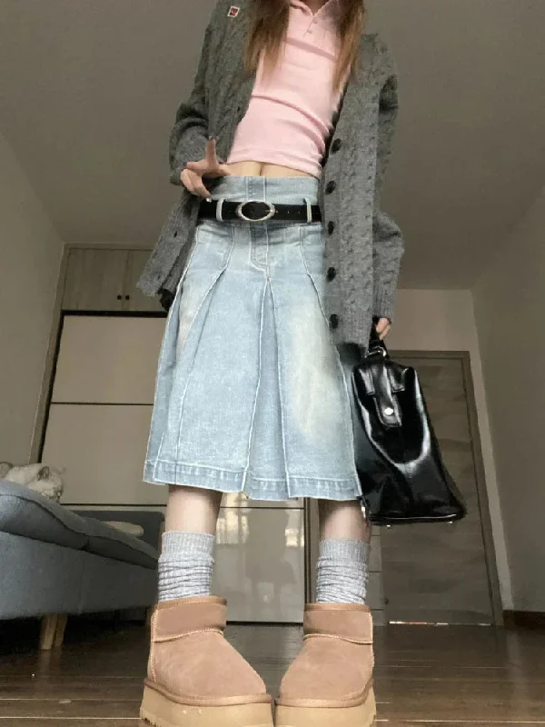 MegaBetty - Pleated Denim Skirt Women Korean Fashion Vintage High Waist Knee-Length A-line Midi Skirt Casual Y2k Streetwear Autumn