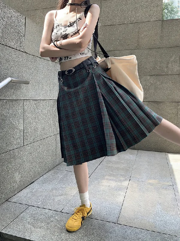 MegaBetty - Korean style Preppy Fashion Vintage Plaid Summer Women Midi Skirt High Waist Pleated A-line Temperament Loose Y2K Skirt