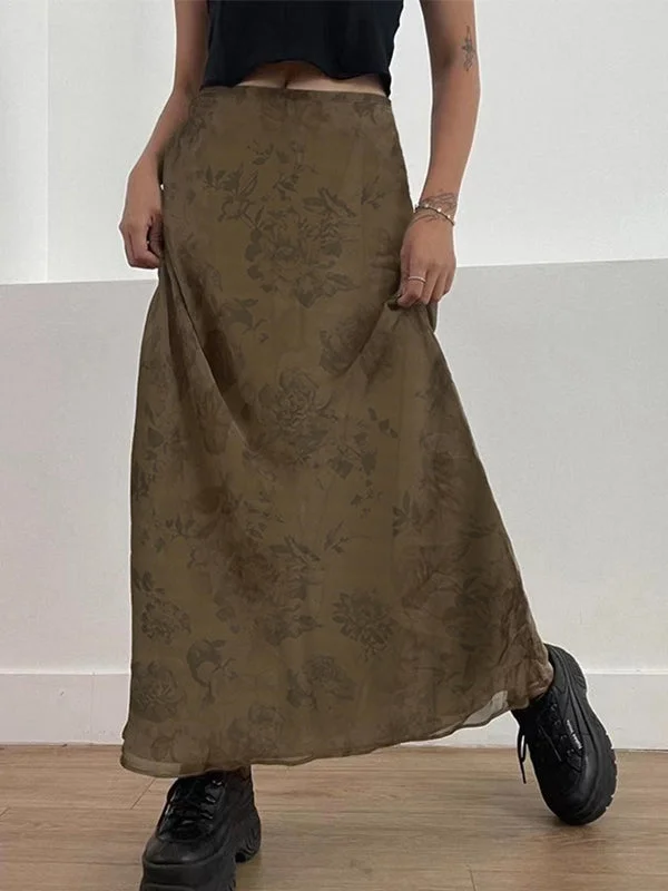 MegaBetty - 2024 New Fashion Woman Bottom Elegant Vintage Mesh Floral Brown Maxi Skirt