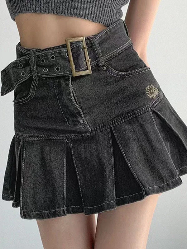 MegaBetty - 2024 New Fashion Woman Bottom Elegant Buckle Belt Pleated Denim Mini Skirt