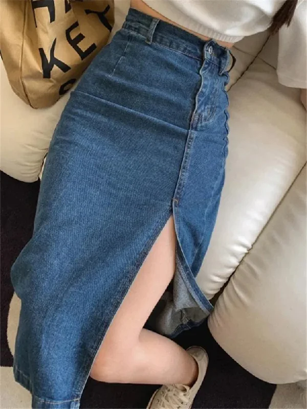 2024 New Midi Spring Summer Side Split Wasit Jeans Straight Female Skirt