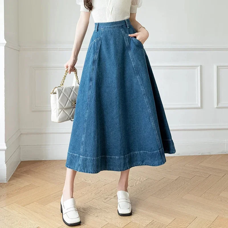 High Waist Women's Denim Long A-Line Spring Summer Cowboy Jeans Umbrella Pockets New Skirt