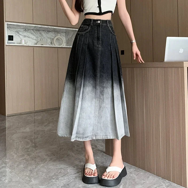 High Waist Gradient Pleated Women's Denim For Spring Summer Casual Blue Jeans Pockets New Skirt