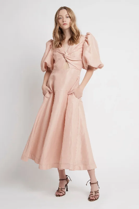 Dusk Knot Puff Sleeve Midi Dress