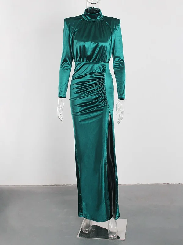 Green High Neck Sleeved Slit Side Evening Maxi Dress