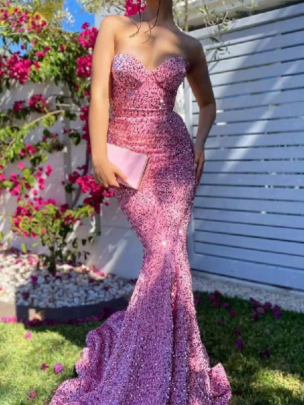 Pink Sequin Strapless Sleeveless Backless Maxi Dress