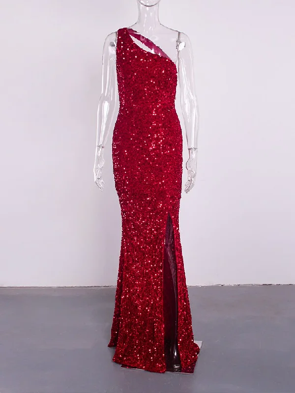 Red Sequin One Shoulder Sleeveless Maxi Dress