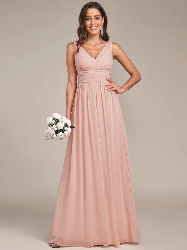 Sleeveless V-Neck Plain Chiffon Maxi Bridesmaid Dress