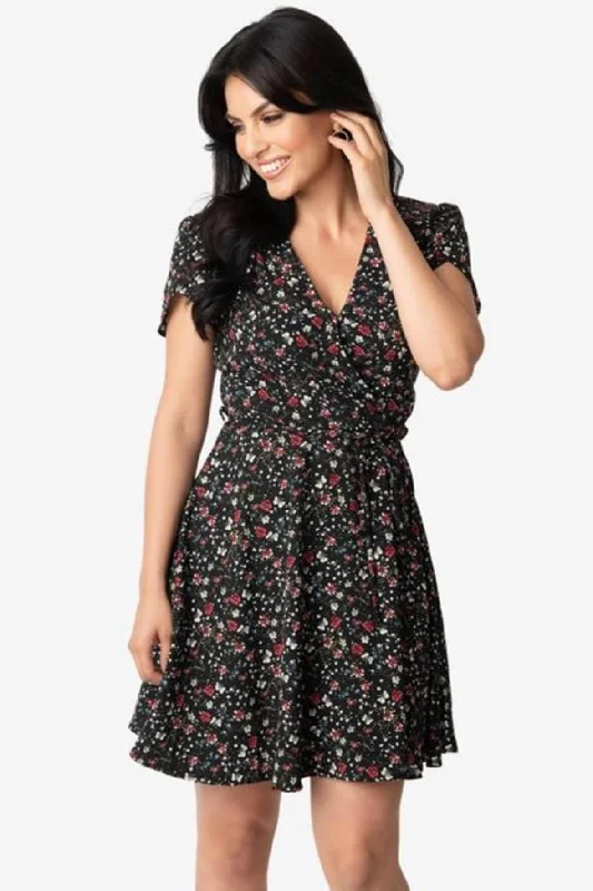 Multi Floral Print Short Sleeve Flare Dress