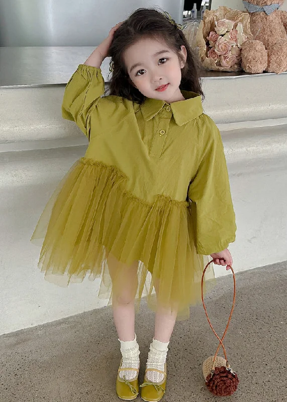 Modern Light Green Peter Pan Collar Tulle Patchwork Girls Long Dress Long Sleeve SS1060