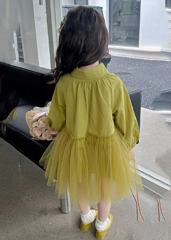 Modern Light Green Peter Pan Collar Tulle Patchwork Girls Long Dress Long Sleeve SS1060