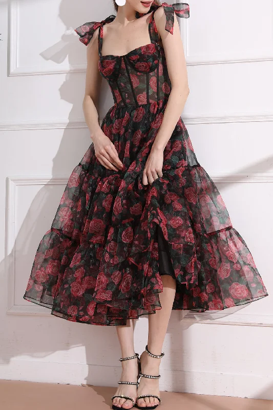 Corset Floral Print Organza Midi Dress with Removable Straps