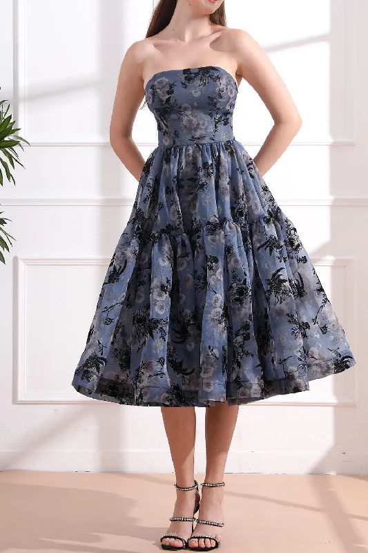 Strapless Floral Navy Floral Tiered Midi Evening Gown