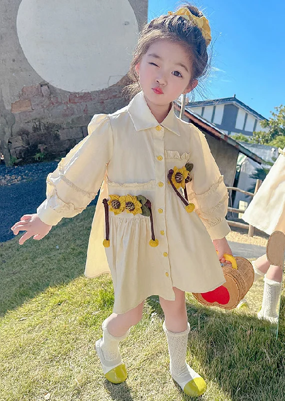 Stylish Apricot Peter Pan Collar Asymmetrical Wrinkled Floral Kids Long Shirts Dress Fall SS1055