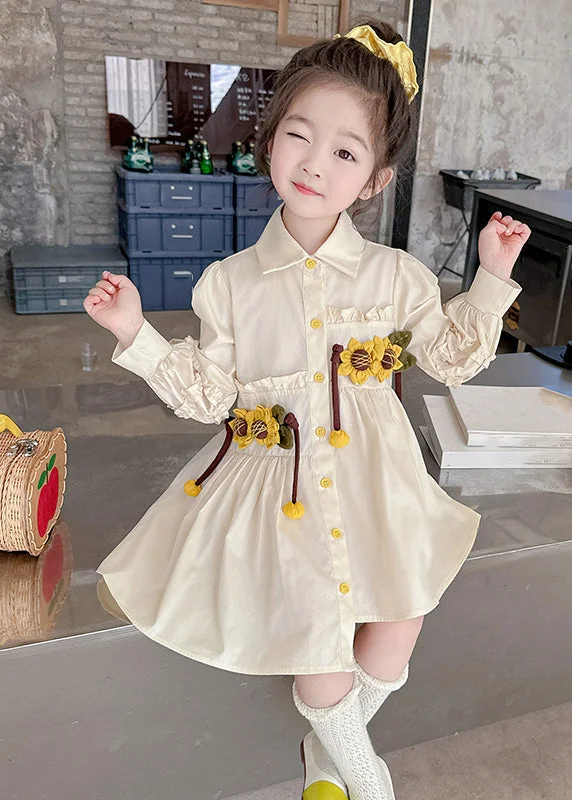 Stylish Apricot Peter Pan Collar Asymmetrical Wrinkled Floral Kids Long Shirts Dress Fall SS1055