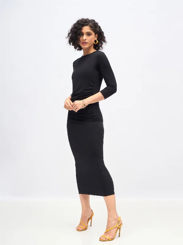 Women Black Waist Ruched Bodycon Maxi Dress