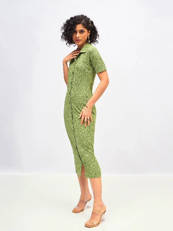 Women Green Knitted Front Button Bodycon Midi Dress