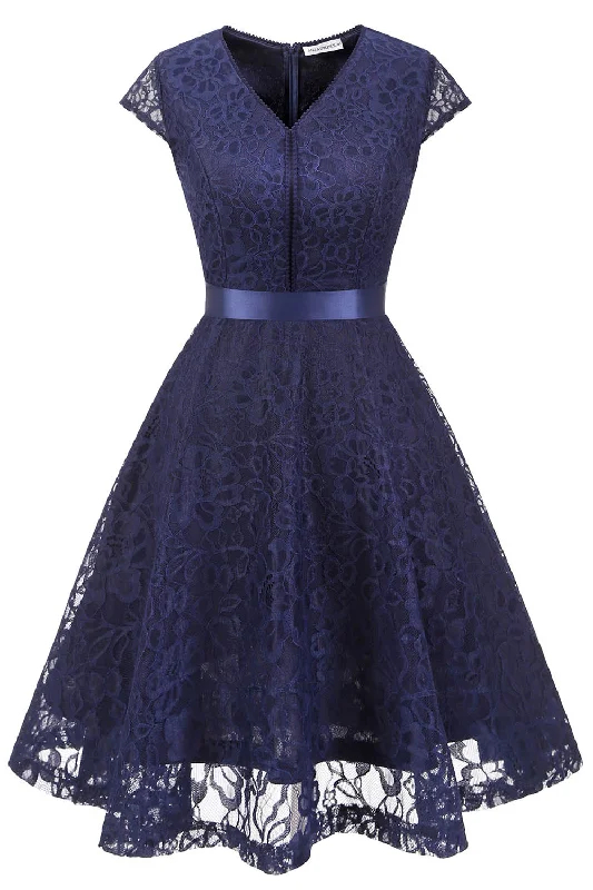 Navy V Neck Lace Bridesmaid Dress