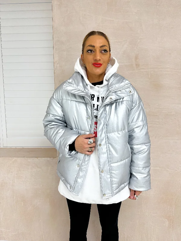 Slouch Puffer Coat In Dull Silver Metallic