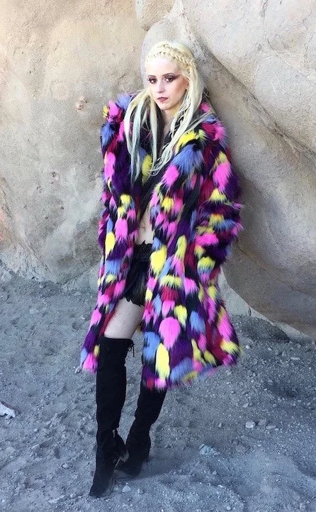 Women's Long Duchess Coat in ""Kaleidoscope-pink-yellow-blue""