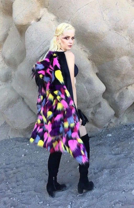 Women's Long Duchess Coat in ""Kaleidoscope-pink-yellow-blue""